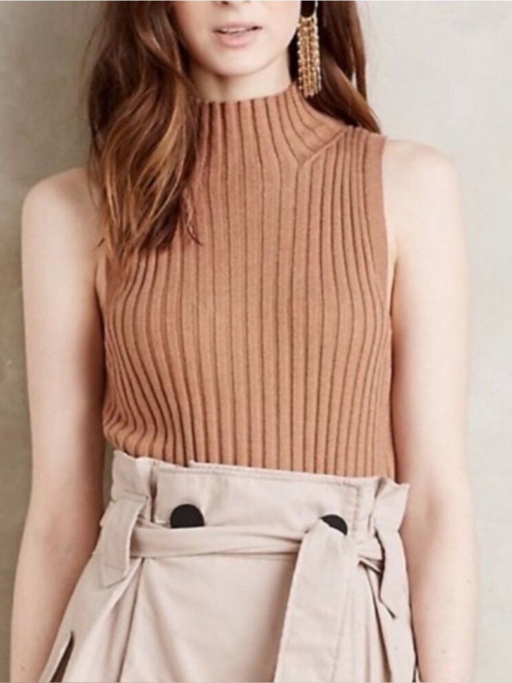 Moth By Anthropologie Ribbed Mock-Neck Tank Top - Camel Brown, Hip Length Size M